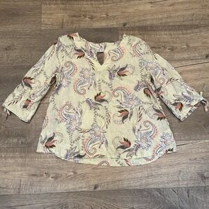 J. Jill Women Linen Blouse Medium Petite Paisley Floral Tie Sleeve Tunic Top